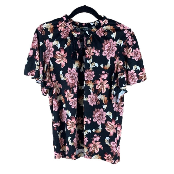 LAUREN Ralph Lauren Black Floral Peasant size Large - Picture 1 of 8